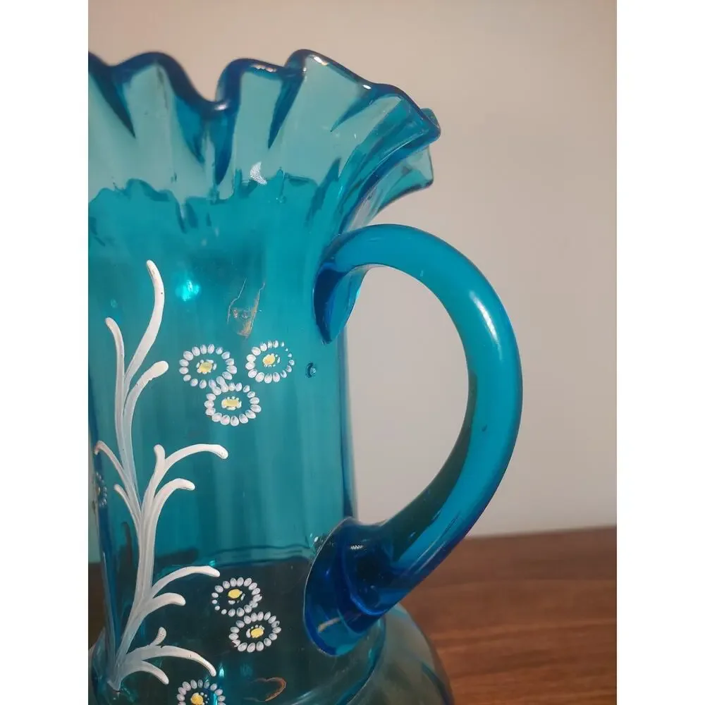 Antique Victorian / Ruffled Paneled Blue Glass PITCHER / Hand Painted Flowers